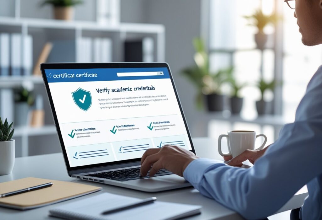 فردی در دفتر کار با لپ‌تاپ در حال بررسی مدرک تحصیلی به صورت آنلاین است.