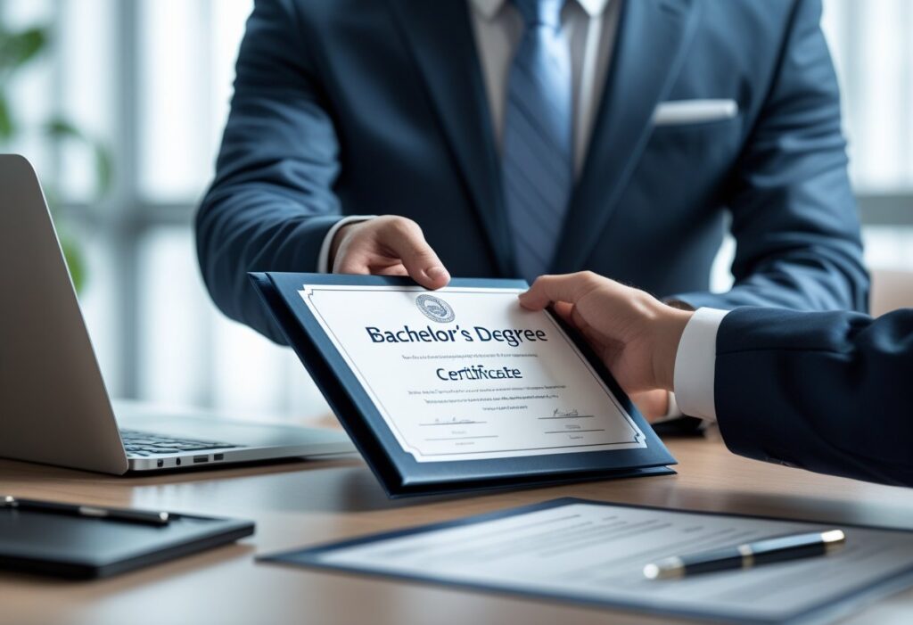 خرید مدرک تحصیلی | دو نفر در یک محیط رسمی در حال تبادل پوشه‌ای که شبیه مدرک تحصیلی است.