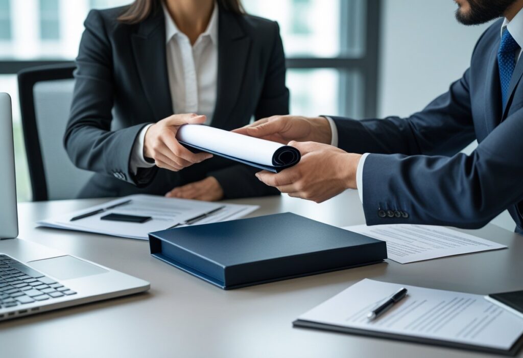 فروش مدرک تحصیلی | فروش مدرک معتبر | دو نفر در یک دفتر مدرن در حال تبادل پوشه مدرک تحصیلی هستند.