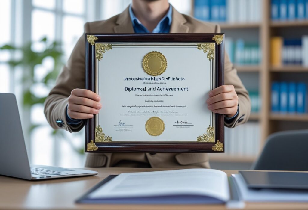 دستی که یک مدرک تحصیلی معتبر را در یک محیط اداری روشن و مرتب نگه داشته است