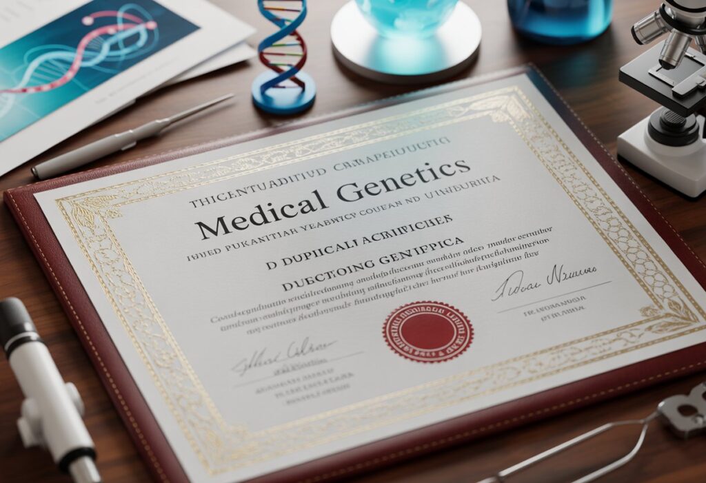 خرید مدرک ژنتیک پزشکی | دو نفر در یک دفتر مدرن در حال تبادل یک پوشه مدرک تحصیلی هستند.