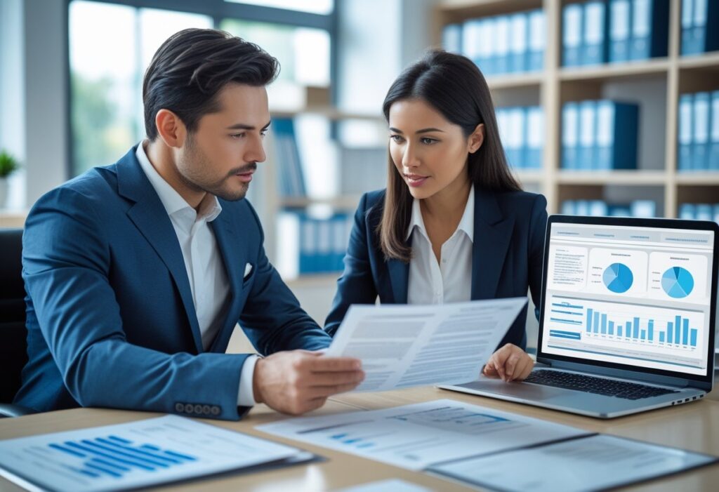 خرید لیسانس معتبر | خرید کارشناسی معتبر | کارشناسی با استعلام معتبر | مدرک لیسانس فوری | اخذ مدرک لیسانس | مرکز معتبر | دو نفر در یک دفتر مدرن نشسته‌اند و در حال بررسی مدارک رسمی و صحبت درباره موضوعی جدی هستند.