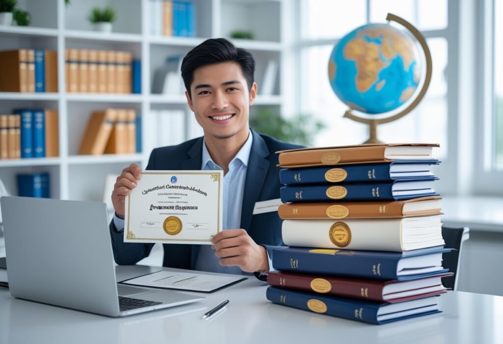یک فرد جوان در یک دفتر روشن و مرتب نشسته و در دست خود یک مدرک تحصیلی معتبر را نگه داشته است.