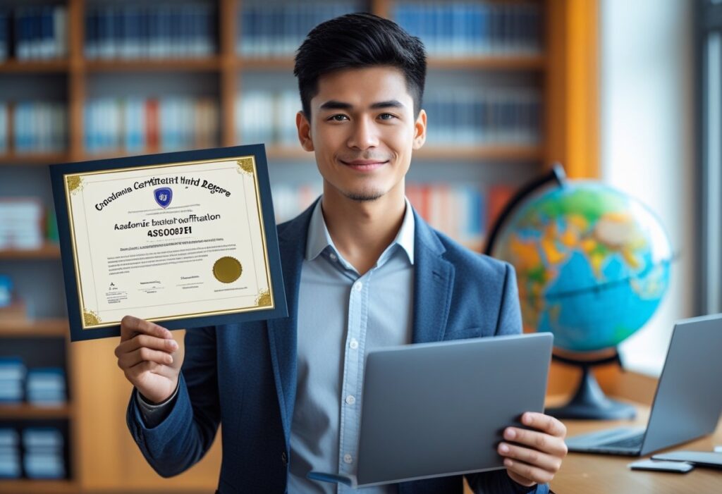 یک فرد جوان با اعتماد به نفس که در یک دفتر مدرن ایستاده و مدرک دانشگاهی و لپ‌تاپی با صفحه تأییدیه تحصیلی را در دست دارد.
