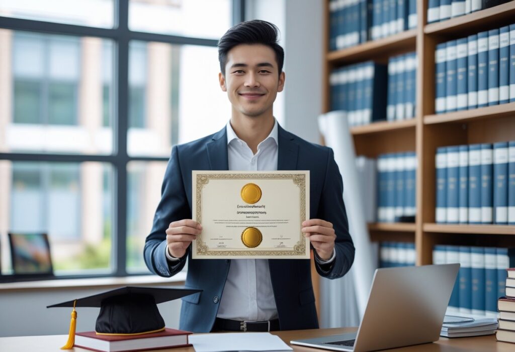 یک فرد جوان با لباسی رسمی در یک دفتر مدرن ایستاده و مدرک تحصیلی در دست دارد.