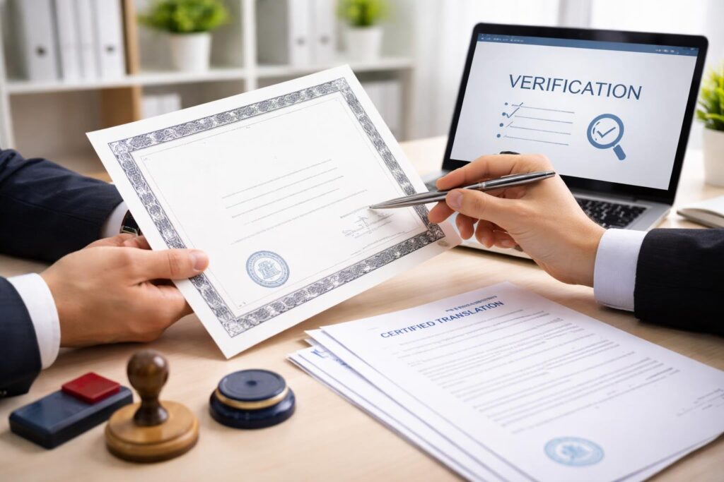 دست‌هایی که مدرکی رسمی را در یک دفتر مدرن بررسی و ترجمه می‌کنند.