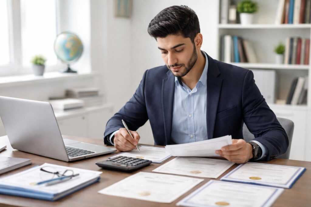 An Iranian man reviewing academic documents at a desk in a bright office.